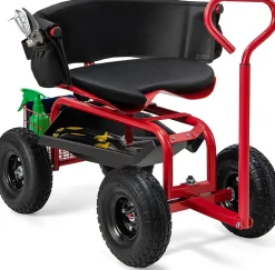 Chariot de Jardin à Roulettes avec Siège Pivotant Poignée Extensible Panier Hauteur Réglable Charge 150 kg Rouge Noir