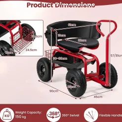 Chariot de Jardin à Roulettes avec Siège Pivotant Poignée Extensible Panier Hauteur Réglable Charge 150 kg Rouge Noir