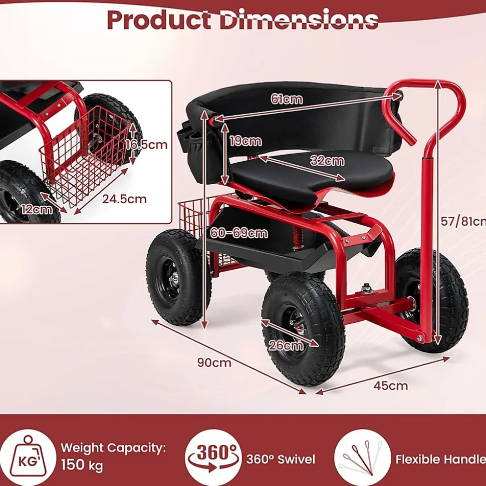 Chariot de Jardin à Roulettes avec Siège Pivotant Poignée Extensible Panier Hauteur Réglable Charge 150 kg Rouge Noir