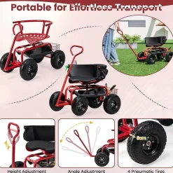 Chariot de Jardin à Roulettes avec Siège Pivotant Poignée Extensible Panier Hauteur Réglable Charge 150 kg Rouge Noir