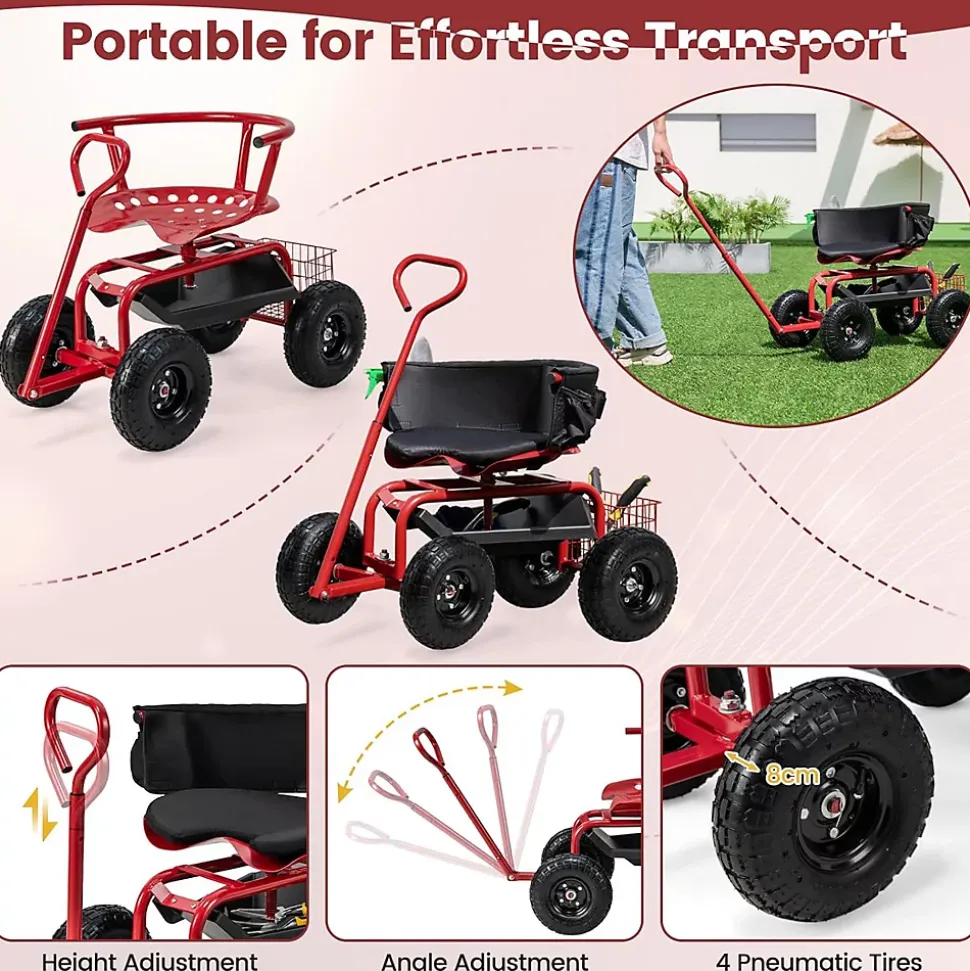 Chariot de Jardin à Roulettes avec Siège Pivotant Poignée Extensible Panier Hauteur Réglable Charge 150 kg Rouge Noir