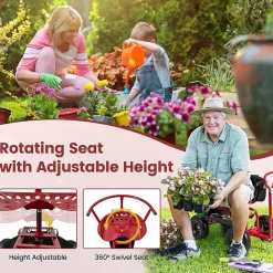 Chariot de Jardin à Roulettes avec Siège Pivotant Poignée Extensible Panier Hauteur Réglable Charge 150 kg Rouge Noir