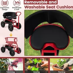 Chariot de Jardin à Roulettes avec Siège Pivotant Poignée Extensible Panier Hauteur Réglable Charge 150 kg Rouge Noir