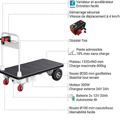 Chariot de manutention motorisé - Plateau 1320x960mm - Charge max 400kg - Industrie et logistique - PM50/2