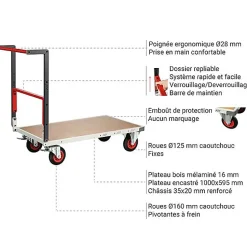 Chariot de manutention pliable livré monté - Plateau 1000x595mm - Charge max 400kg - 806722231