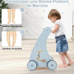 Chariot de Marche Bébé en Bois, Trotteur d'Activités Éducatives avec Blocs Interactifs, Rangement