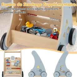 Chariot de Marche Bébé en Bois, Trotteur d'Activités Éducatives avec Blocs Interactifs, Rangement