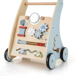Chariot de Marche Bébé en Bois, Trotteur d'Activités Éducatives avec Blocs Interactifs, Rangement