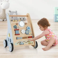 Chariot de Marche Bébé en Bois, Trotteur d'Activités Éducatives avec Blocs Interactifs, Rangement