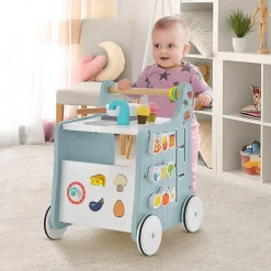 Chariot de Marche Bebe, 6 en 1 Trotteur Bois Centre d'Activités avec Jouet de Cuisine, Curseur Mobile, Vert