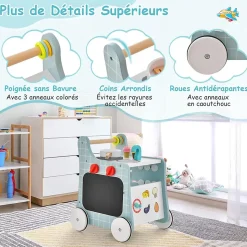 Chariot de Marche Bebe, 6 en 1 Trotteur Bois Centre d'Activités avec Jouet de Cuisine, Curseur Mobile, Vert