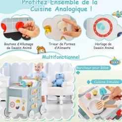 Chariot de Marche Bebe, 6 en 1 Trotteur Bois Centre d'Activités avec Jouet de Cuisine, Curseur Mobile, Vert