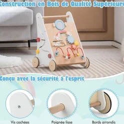 Chariot de Marche Bebe en Bois, 7 en 1 Trotteur Bébé Garçon Fille avec Jouets, Marcheur Centre d'Activités d'Apprentissage