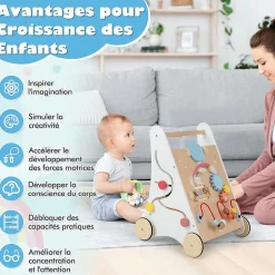 Chariot de Marche Bebe en Bois, 7 en 1 Trotteur Bébé Garçon Fille avec Jouets, Marcheur Centre d'Activités d'Apprentissage