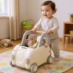 Chariot de Marche Bebe, Trotteur Bébé Garcon Fille en Forme de Voiture, avec Poignée, Siège Rabattable, Corde de Traction
