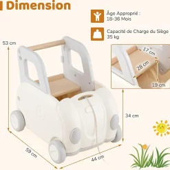 Chariot de Marche Bebe, Trotteur Bébé Garcon Fille en Forme de Voiture, avec Poignée, Siège Rabattable, Corde de Traction