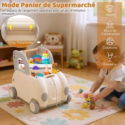Chariot de Marche Bebe, Trotteur Bébé Garcon Fille en Forme de Voiture, avec Poignée, Siège Rabattable, Corde de Traction