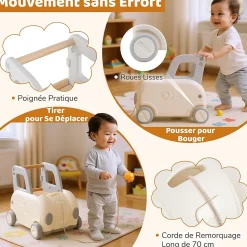 Chariot de Marche Bebe, Trotteur Bébé Garcon Fille en Forme de Voiture, avec Poignée, Siège Rabattable, Corde de Traction