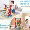Chariot de Marche en Bois avec 3 Blocs 1 Maillet Xylophone Labyrinthe, Trotteur Bébé Montessori avec Compartiment Arrière
