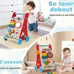 Chariot de Marche en Bois avec 3 Blocs 1 Maillet Xylophone Labyrinthe, Trotteur Bébé Montessori avec Compartiment Arrière