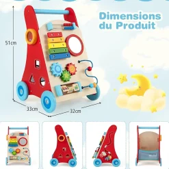 Chariot de Marche en Bois avec 3 Blocs 1 Maillet Xylophone Labyrinthe, Trotteur Bébé Montessori avec Compartiment Arrière