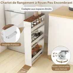 Chariot de Rangement de Cuisine à 4 Niveaux Chariot Cuisine avec 4 Rouelettes Universelles Étagère de Cuisine Polyvalente