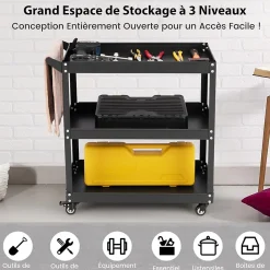 Chariot de Service à 3 Niveaux avec Poignée Pratique Roues Verrouillables Chariot Utilitaire Polyvalent Noir