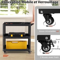 Chariot de Service à 3 Niveaux avec Poignée Pratique Roues Verrouillables Chariot Utilitaire Polyvalent Noir