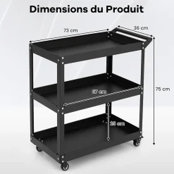 Chariot de Service à 3 Niveaux avec Poignée Pratique Roues Verrouillables Chariot Utilitaire Polyvalent Noir
