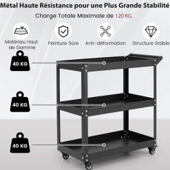 Chariot de Service à 3 Niveaux avec Poignée Pratique Roues Verrouillables Chariot Utilitaire Polyvalent Noir