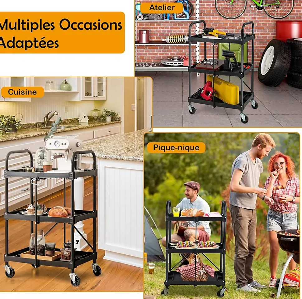 Chariot de Service Pliable et Repliable Chariot Roulant à 3 Niveaux avec Roues universelles Chariot Utilitaire Pliable
