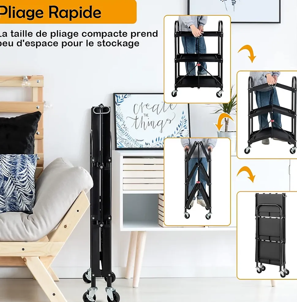 Chariot de Service Pliable et Repliable Chariot Roulant à 3 Niveaux avec Roues universelles Chariot Utilitaire Pliable