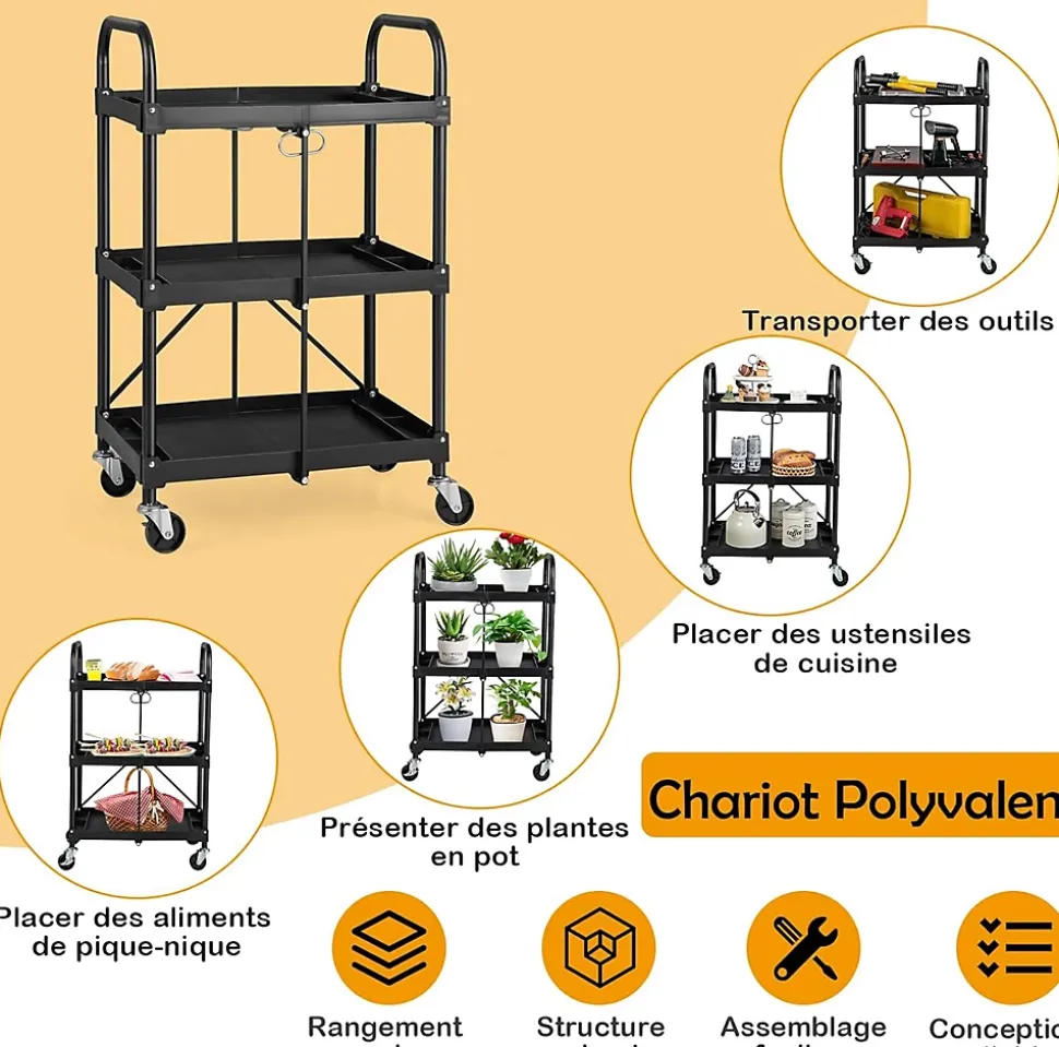 Chariot de Service Pliable et Repliable Chariot Roulant à 3 Niveaux avec Roues universelles Chariot Utilitaire Pliable
