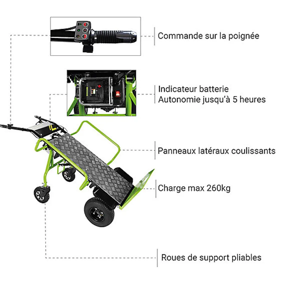 Chariot diable électrique avec grand plateau - Charge 260kg - ZI-ET260