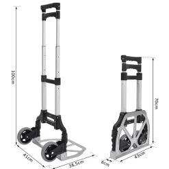 Chariot diable pliable leger telescopique charge 70kg en aluminium argent-noir