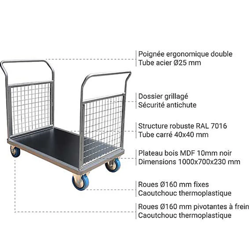 Chariot grillagé 2 côtés - Plateau 1000x700mm - Charge max 500kg - CHM2T3
