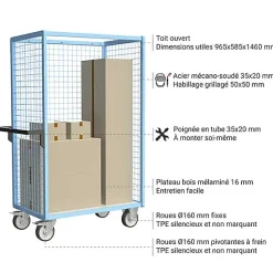 Chariot grillagé sans toit - Plateau 965x585mm - Charge max 500kg - 880725222