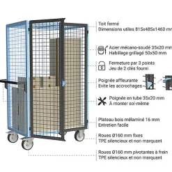 Chariot grillagé verrouillable non marquant - Plateau bois mélaminé 815x485mm - Charge max 500kg - 880725213