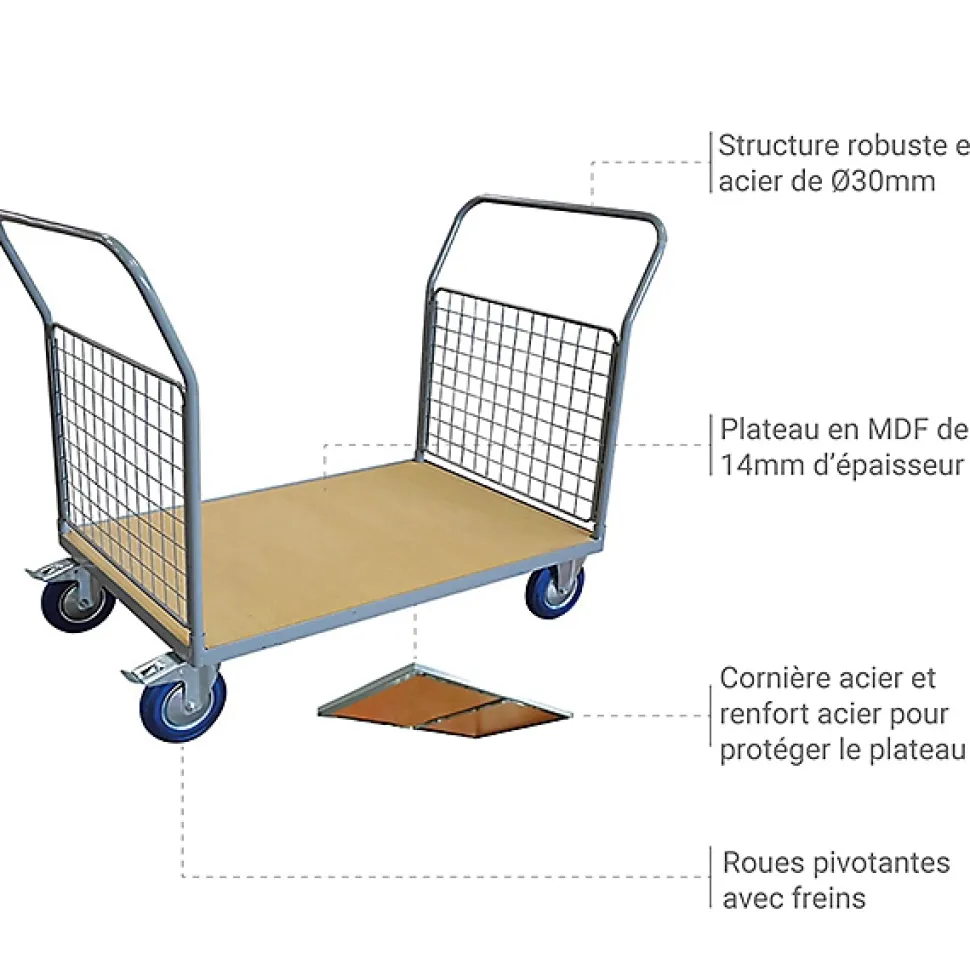 Chariot modulable - 2 côtés - max 500kg - plateau MDF 1000x700mm - WPG50C