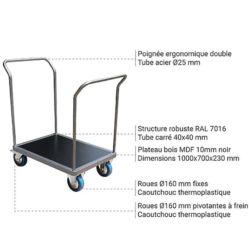 Chariot modulable 2 côtés - Plateau 1000x700mm - Charge max 500kg - CHM2T1