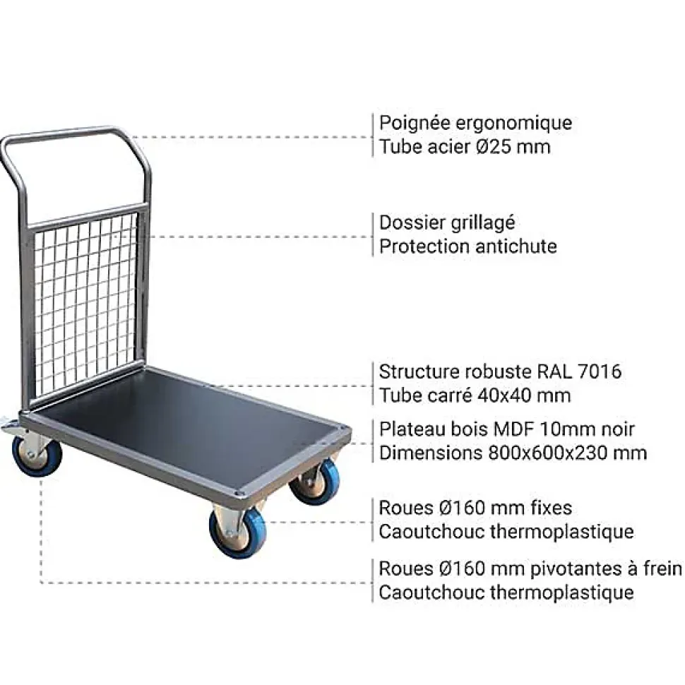 Chariot modulable grillagé - Plateau 800x600mm - Charge max 500kg - CHP1T3