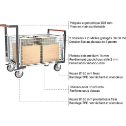 Chariot modulable grillagé 4 côtés - Plateau antidérapant 965x555mm - Charge max 500kg - 806724565