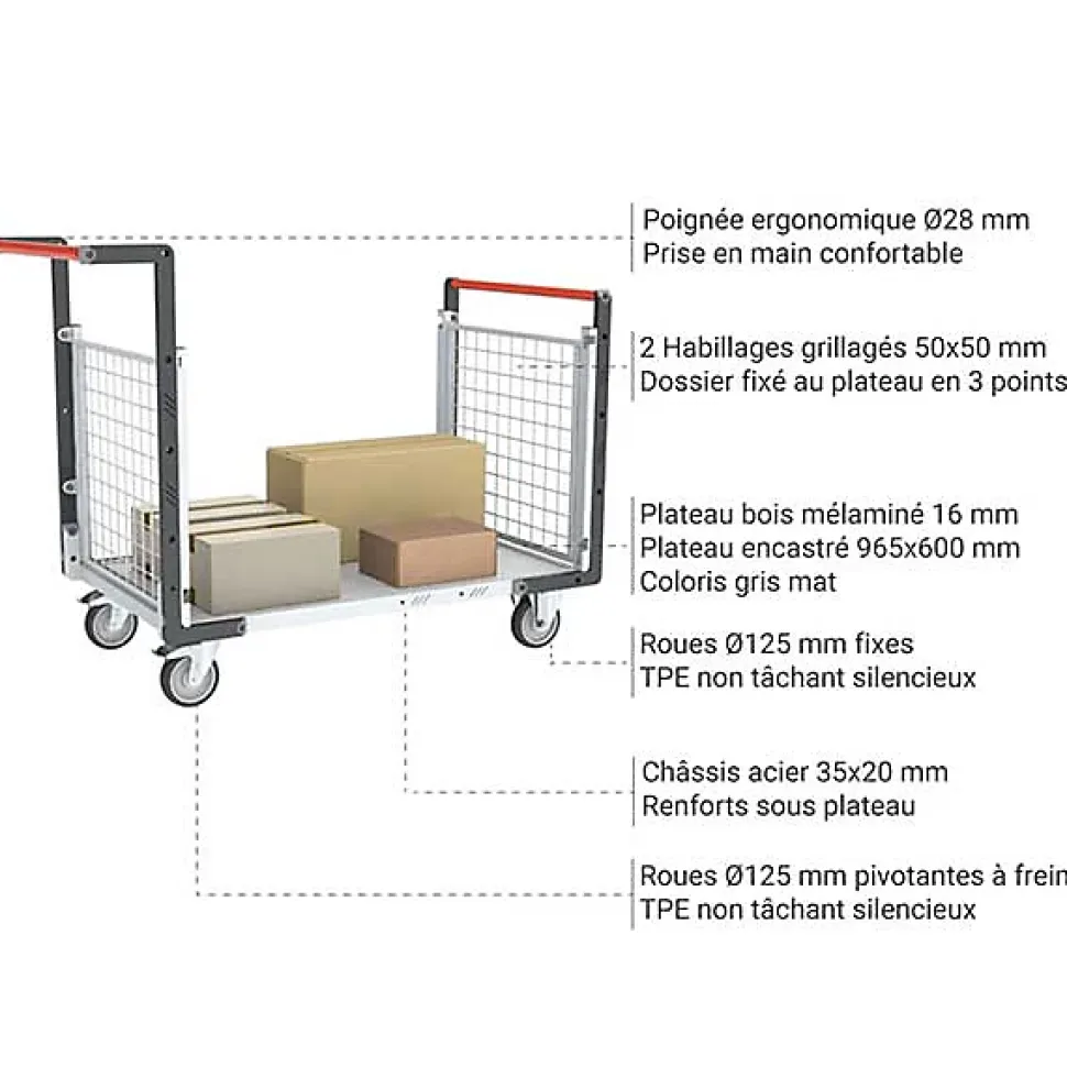 Chariot modulable grillagé 2 côtés - Plateau 965x600mm - Charge max 250kg - 806724242