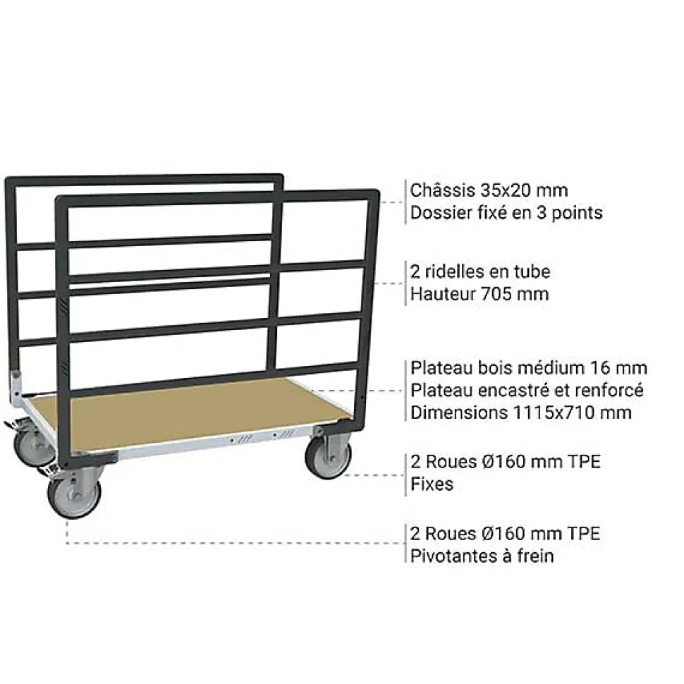 Chariot modulaire 2 ridelles - Plateau 1115x710mm - Charge max 500kg - 806724613