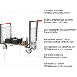 Chariot modulaire grillagé 2 côtés - Plateau 1075x755mm - Charge 500kg - 806724642