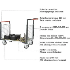 Chariot modulaire grillagé 2 côtés - Plateau 965x600mm - Charge 500kg - 806724542