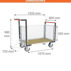 Chariot modulaire grillagé 3 côtés - Plateau bois médium 1075x735mm - Charge max 500kg - 806724644
