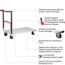 Chariot pliable - Plateau 850x495mm - Charge max 250kg - Chariot de manutention à monter - 804721111