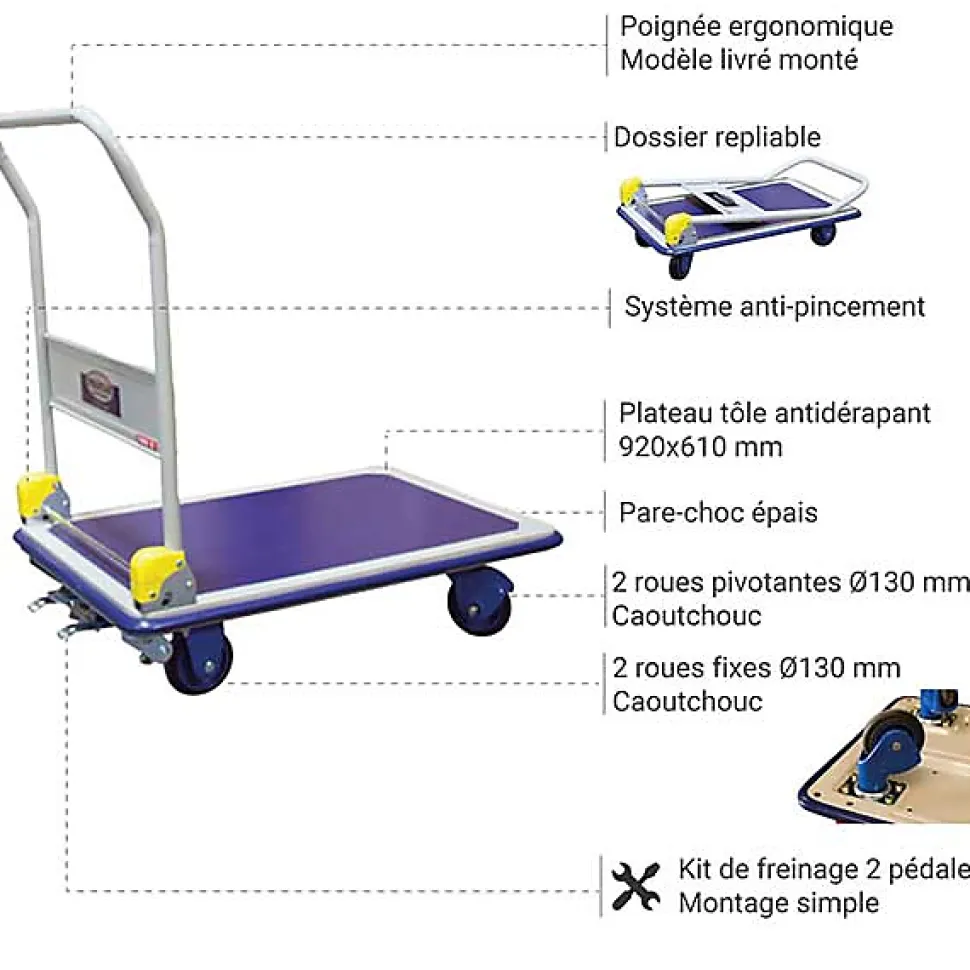Chariot pliant avec frein - Plateau antidérapant 920x610mm - Charge max 300kg - 805006997