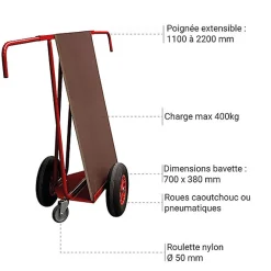 Chariot porte panneaux 400kg - Roues caoutchouc - 800008414